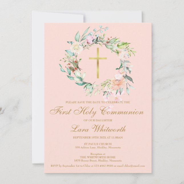 Reserve A Data Primeiro Sagrado Comunhão Dourado Cruz Floral Cor- (Frente)