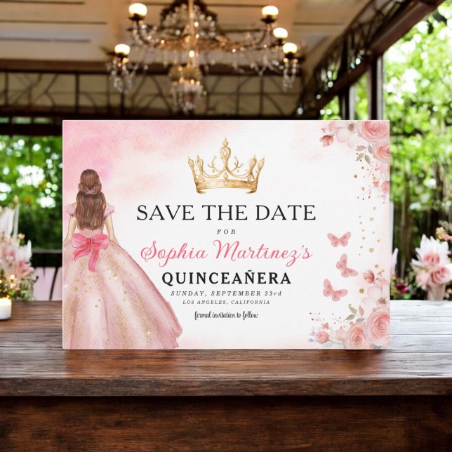 Reserve A Data Princesa Dourada Rosa Floral Quinceanera Birthday (Criador carregado)