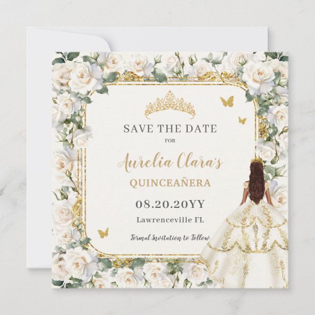 Reserve A Data Princesa Quinceañera Champagne Rosas de marfim (Frente)