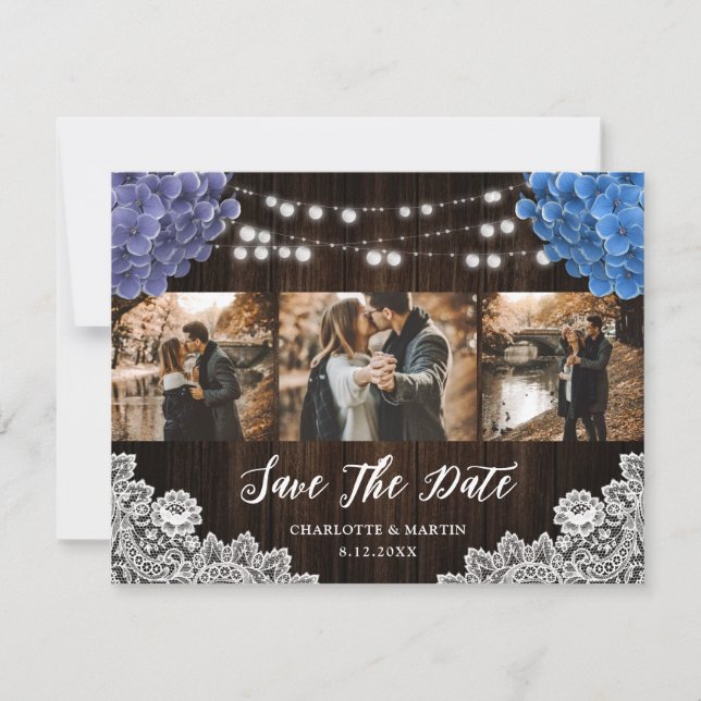 Reserve A Data Purple and Blue Floral Photo Collage Wedding (Frente)