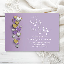 Reserve A Data Purple and Gold Hearts Wedding Save the Date