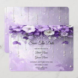Reserve A Data Purple Flowers with Dangling Pearls Save The Date