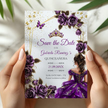 Purple Golden Tiara Roses Butterflies Quinceañera