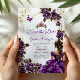 Reserve A Data Purple Golden Tiara Roses Butterflies Quinceañera