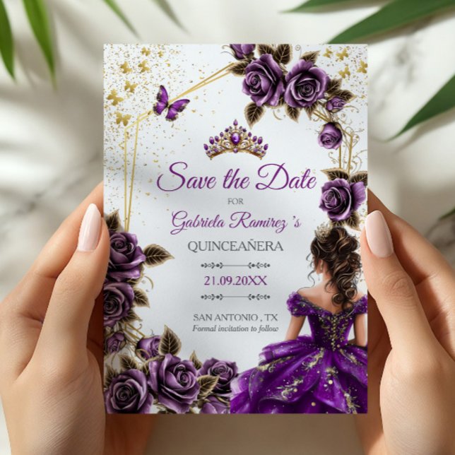 Reserve A Data Purple Golden Tiara Roses Butterflies Quinceañera (Criador carregado)