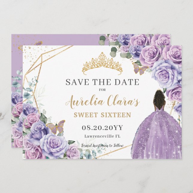 Reserve A Data Purple Lilac Floral Dourada Quinceanera Sweet Deze (Frente/Verso)