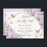 Reserve A Data Purple Lilac Floral Princesa Dourada Quinceañera<br><div class="desc">Personalize este bonito ouro floral lilás roxo e geométrico Quinceañera / 16 anos doce, salve a data fácil e rapidamente. Basta clicar no botão personalizar para editar os textos, alterar as fontes e as cores das fontes. Apresentando belos rosas lilás pastéis, borboletas e elementos de ouro elegantes. Itens correspondentes disponíveis...</div>