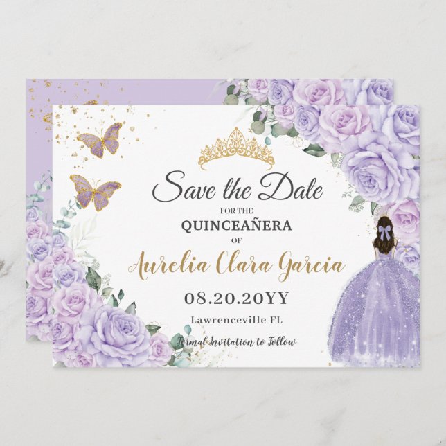 Reserve A Data Purple Lilac Floral Quinceañera 15 Princess  (Frente/Verso)