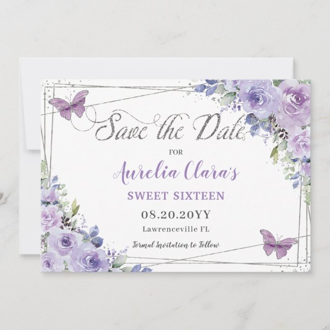 Reserve A Data Purple Lilac Floral Quinceañera Sweet Sesseis Save (Frente)