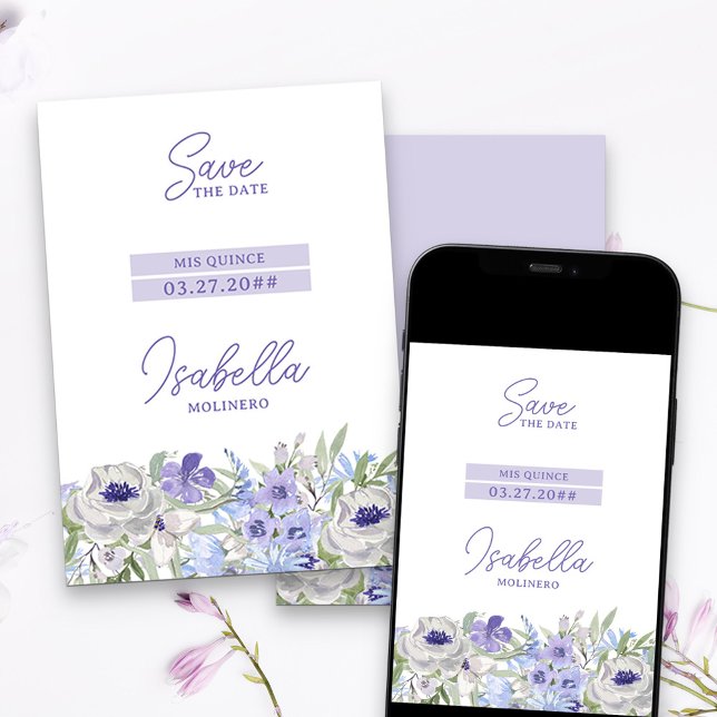 Reserve A Data Purple Peri Girly Floral Mis Quince (Purple floral Save the Date with modern color blocks)