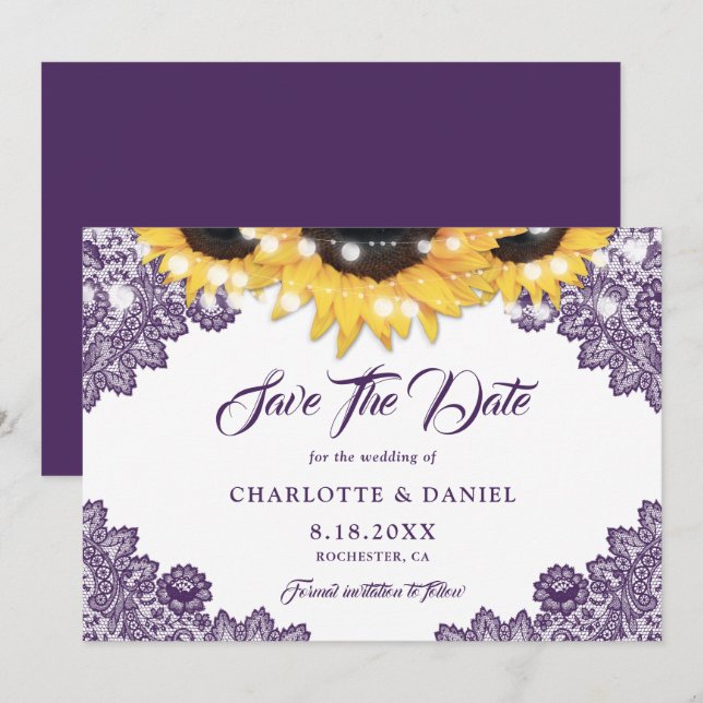 Reserve A Data Purple Rustic Floral Lace Sunflower Wedding (Frente/Verso)