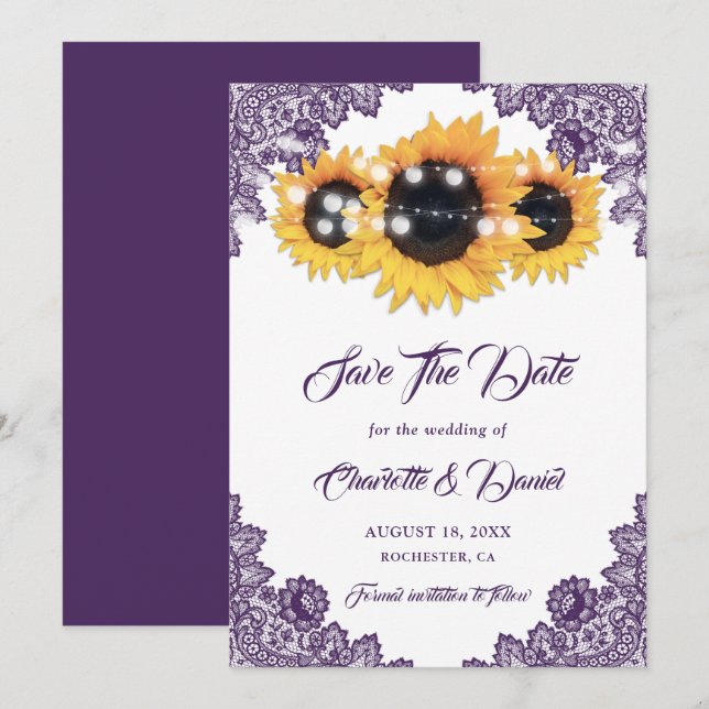 Reserve A Data Purple Rustic Floral Lace Sunflower Wedding (Frente/Verso)