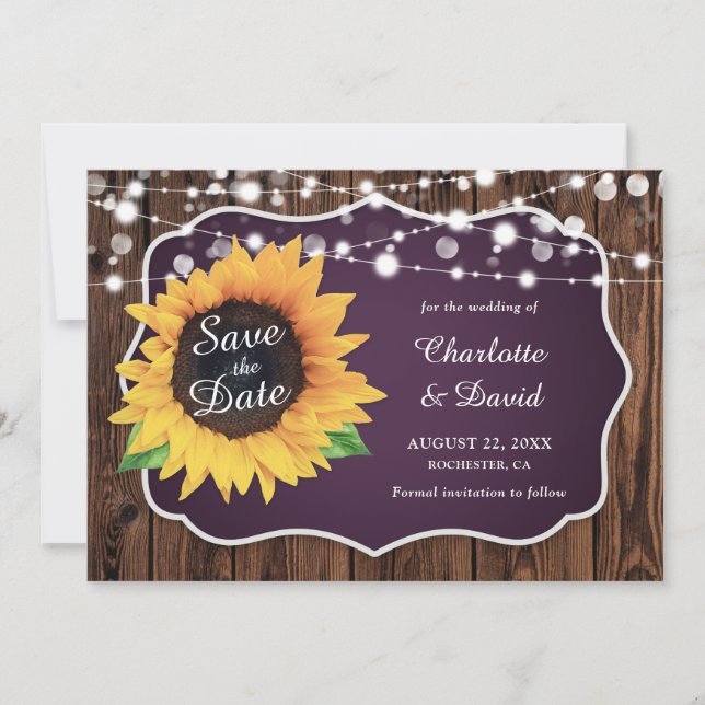 Reserve A Data Purple Rustic Wood Luz Sunflower Weding (Frente)