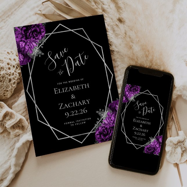 Reserve A Data Purple Silver Floral Geometric Black Save the Date (Criador carregado)