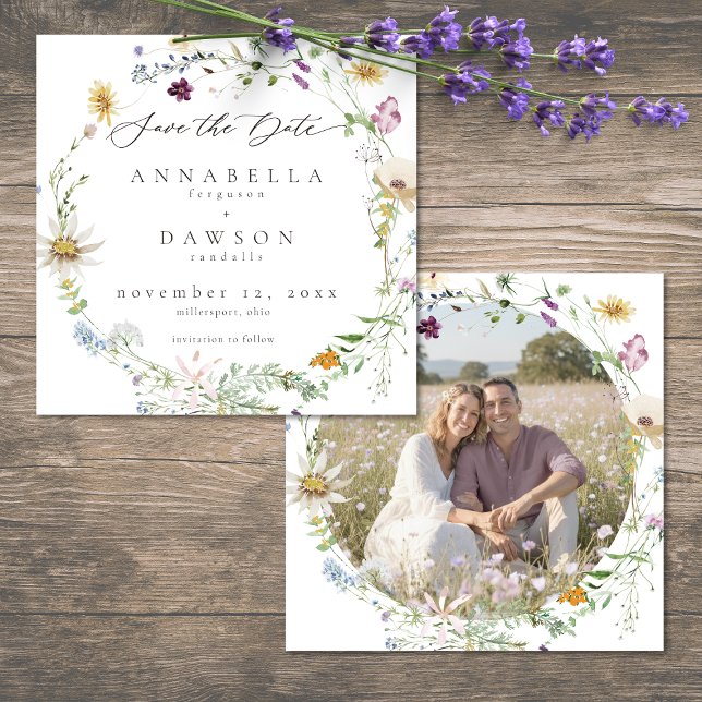 Reserve A Data Purple Wildflower Watercolor Minimal Wedding Photo (Purple Wildflower Watercolor Minimal Wedding Photo Save The Date)
