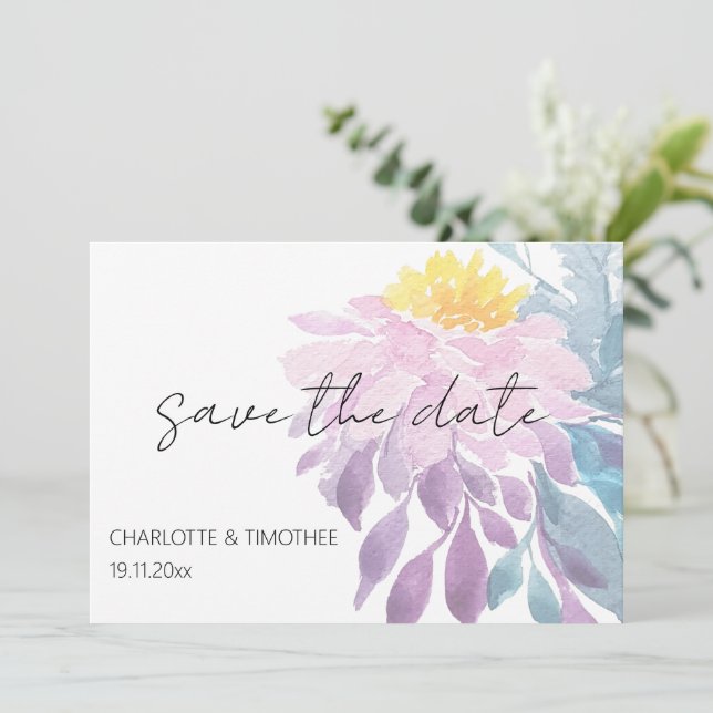 Reserve A Data Púrpura, rosa, rosa, azul Dahlia Aquarela Arte (Em pé/Frente)