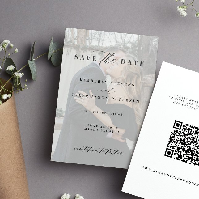Reserve A Data QR code elegante script preto branco casamento de  (Criador carregado)
