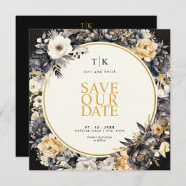 Reserve A Data Quadrado Preto e Branco com Dourado Save The Date