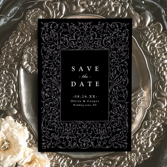 Reserve A Data Quadro Antigo Preto Ornado Casamento Clássico (Black Vintage Ornate Frame Classic Wedding Save The Date)