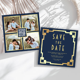 Reserve A Data Quadro Art Déco Azul Naval Dourado Código QR Casam