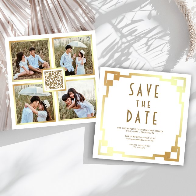 Reserve A Data Quadro Art Déco em Branco Dourado Código QR Casame (Criador carregado)