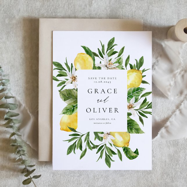Reserve A Data Quadro Botânico Lêmon Blossoms Verão (Watercolor Lemons and Greenery Frame Botanical Save The Date)