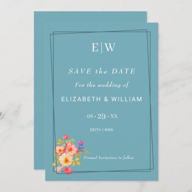 Reserve A Data Quadro com Rosas, estilo de casamento em azul retr (Frente/Verso)