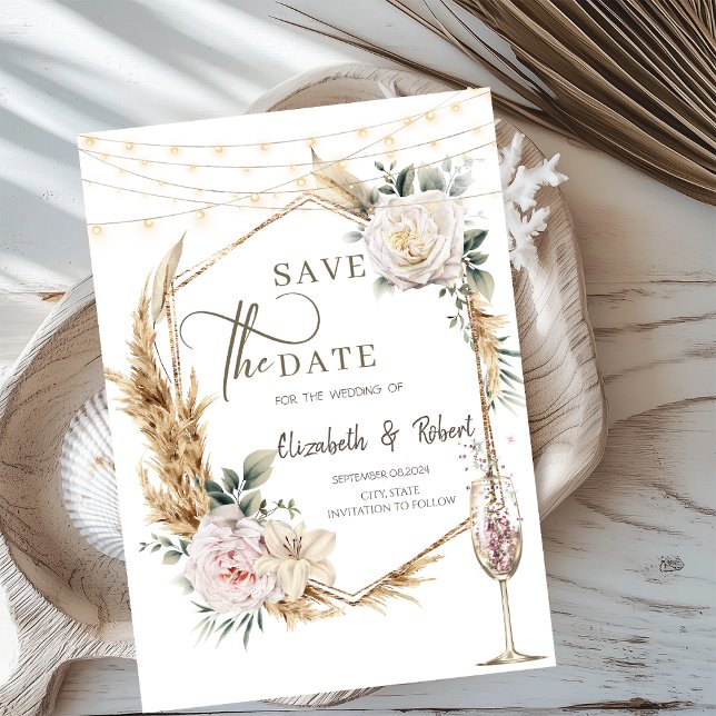 Reserve A Data Quadro Dourado Floral Casamento Champanhe Save The (Criador carregado)