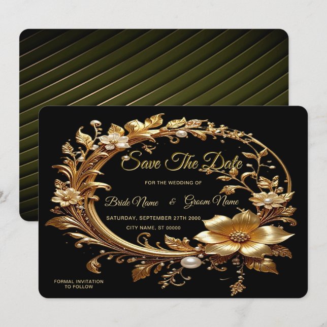 Reserve A Data Quadro Enfeitado Floral Dourado Salvar a Data (Frente/Verso)