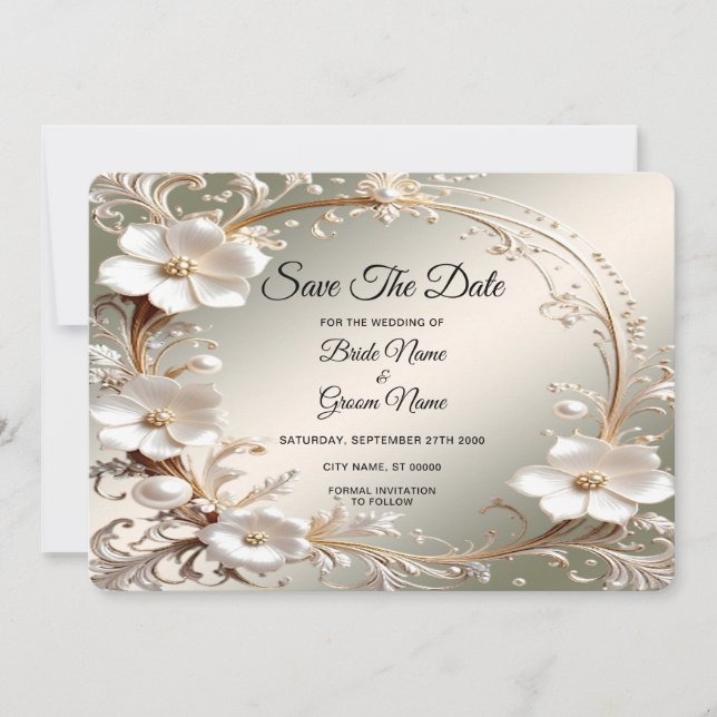 Reserve A Data Quadro Floral Branco Ornamentado Salvar A Data (Frente)