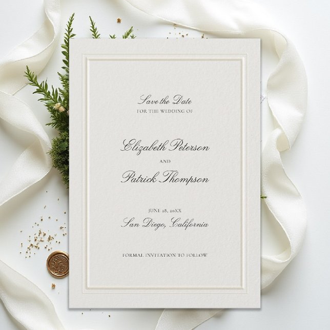 Reserve A Data Quadro Formal Moderno Clássico Elegante Casamento  (modern classic wedding invitation double frame elevated ecru formal traditional calligraphy)