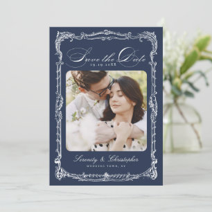 Reserve A Data Quadro Vintage Marinho Casamento Foto Script Cláss