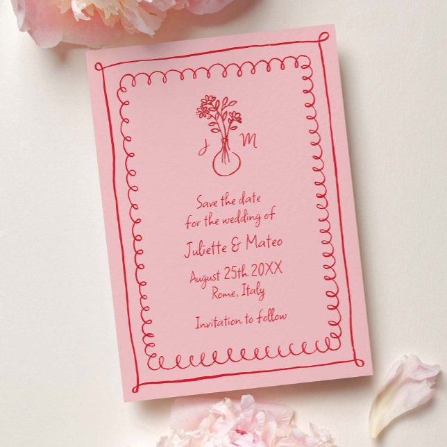 Reserve A Data Quadros de Escrivação de Dodle Vermelho Rosa Salve (pink, quirky, hand-drawn frames save the date card)