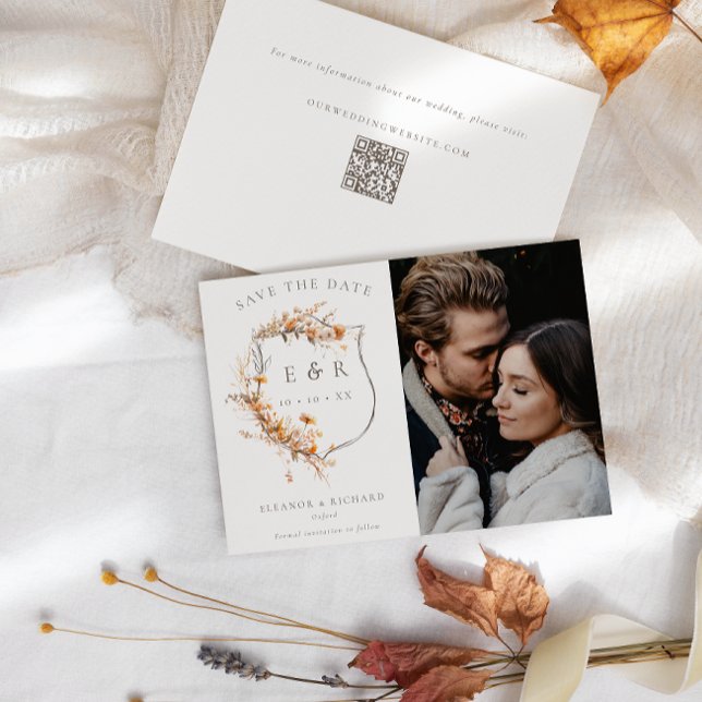 Reserve A Data Queda Flores Selvagens Monograma Crest QR Foto Cas (Criador carregado)