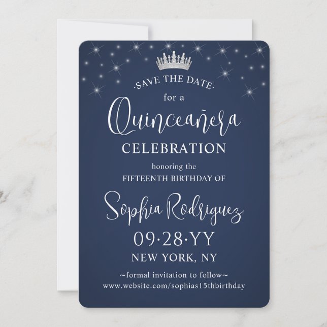 Reserve A Data Quinceañera 3 Photo Collage Elegant Navy Blue (Frente)
