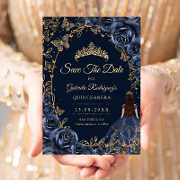 Quinceanera Azul Marinho Borboletas Rosas Douradas
