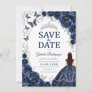 Reserve A Data Quinceanera Azul Marinho Floral Prata