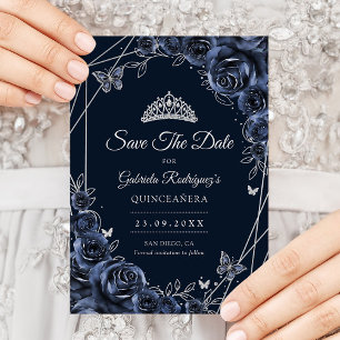 Reserve A Data Quinceanera Azul Marinho Floral Prata