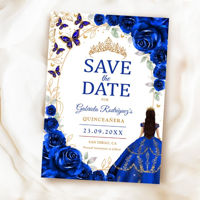 Reserve A Data Quinceanera Azul Real Floral Dourada (Criador carregado)