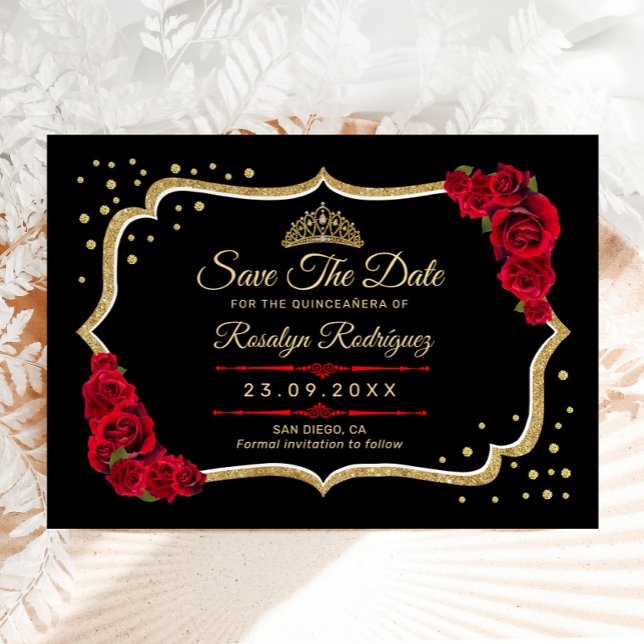 Reserve A Data Quinceanera Black Red Gold Floral (Criador carregado)