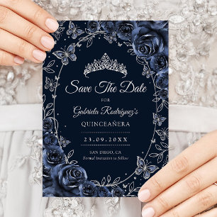 Reserve A Data Quinceanera Borboletas Prateadas Rosa Azul-Marinho