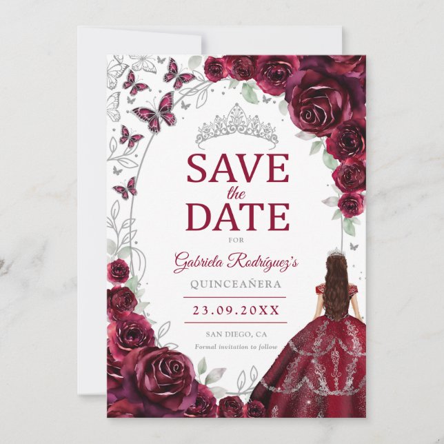 Reserve A Data Quinceanera Borgonha Floral Prata (Frente)