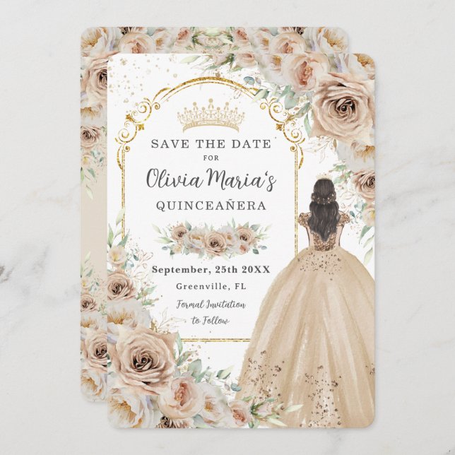 Reserve A Data Quinceañera Champagne Beige Cream Floral Princesa (Frente/Verso)