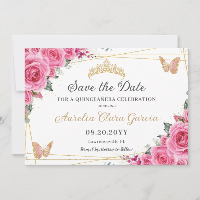 Reserve A Data Quinceanera Dourada Floral Rosa Fuchsia Doce 16 (Frente)