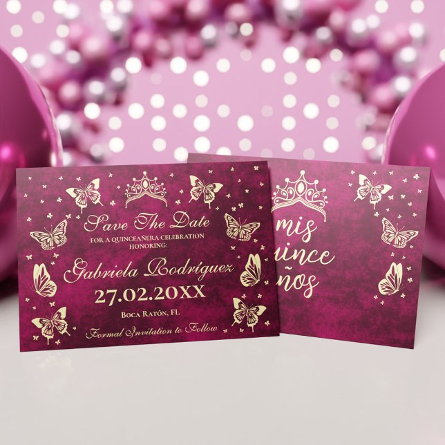 Reserve A Data Quinceañera, Dourada Rosa Moderna, 15 Anos (Modern Elegant Pink Gold 15 Years Old Quinceañera Save The Date)