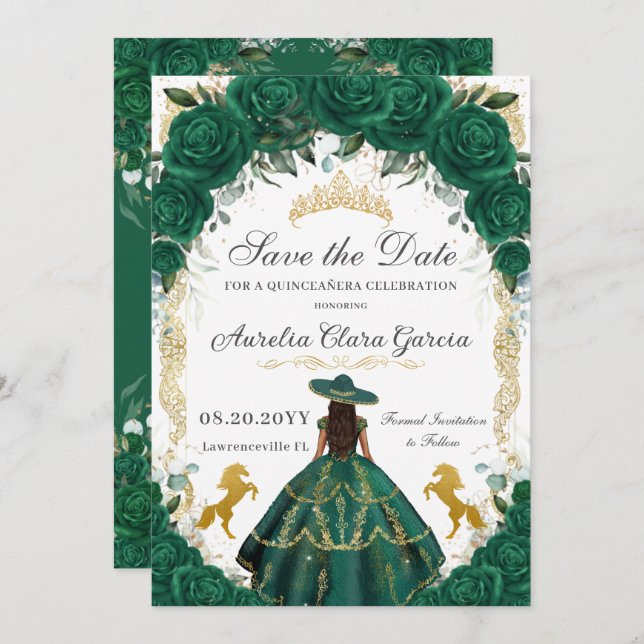 Reserve A Data Quinceañera Emerald Green - Cavalos de Charro Flor (Frente/Verso)