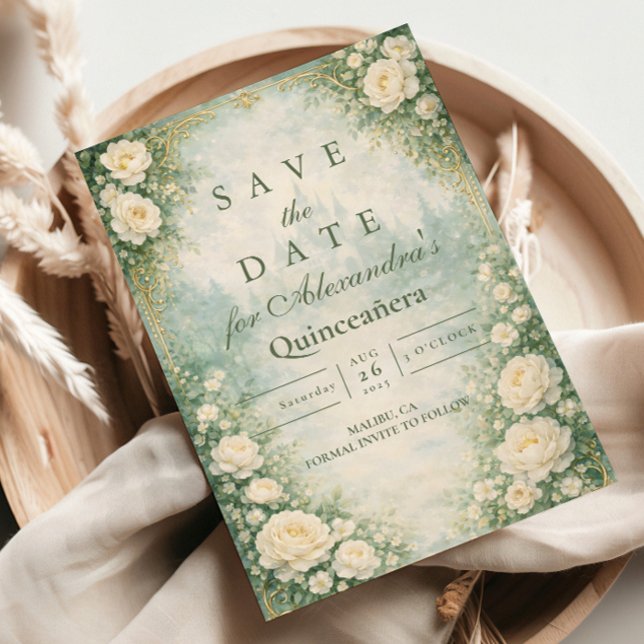 Reserve A Data Quinceañera Floral Dourada Verde (Criador carregado)