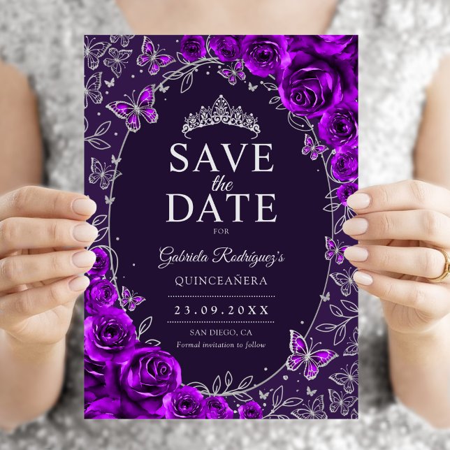 Reserve A Data Quinceanera Floral Prata Roxo (Criador carregado)