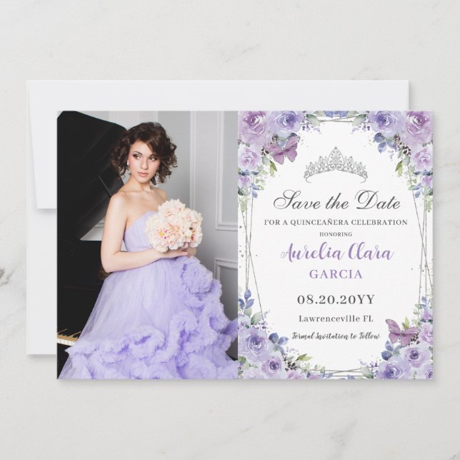 Reserve A Data Quinceañera Floral Purple Lilac Doce 16 Foto (Frente)