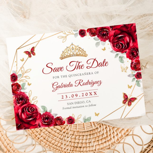 Reserve A Data Quinceanera Flores Rosas Vermelhas Dourado (Criador carregado)